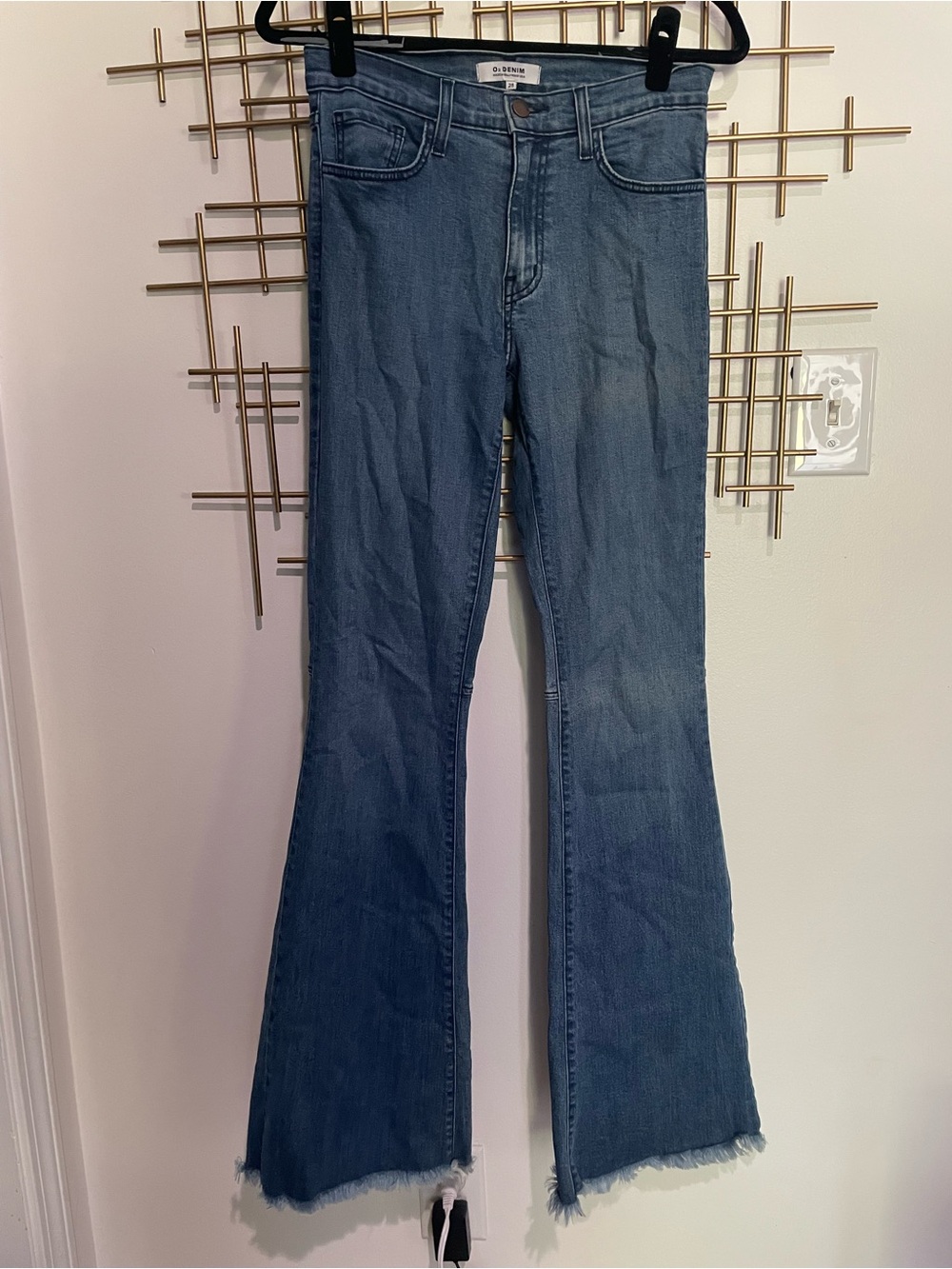 O2 Denim Medium Blue Mid-Rise Flare Jeans with Raw Hem